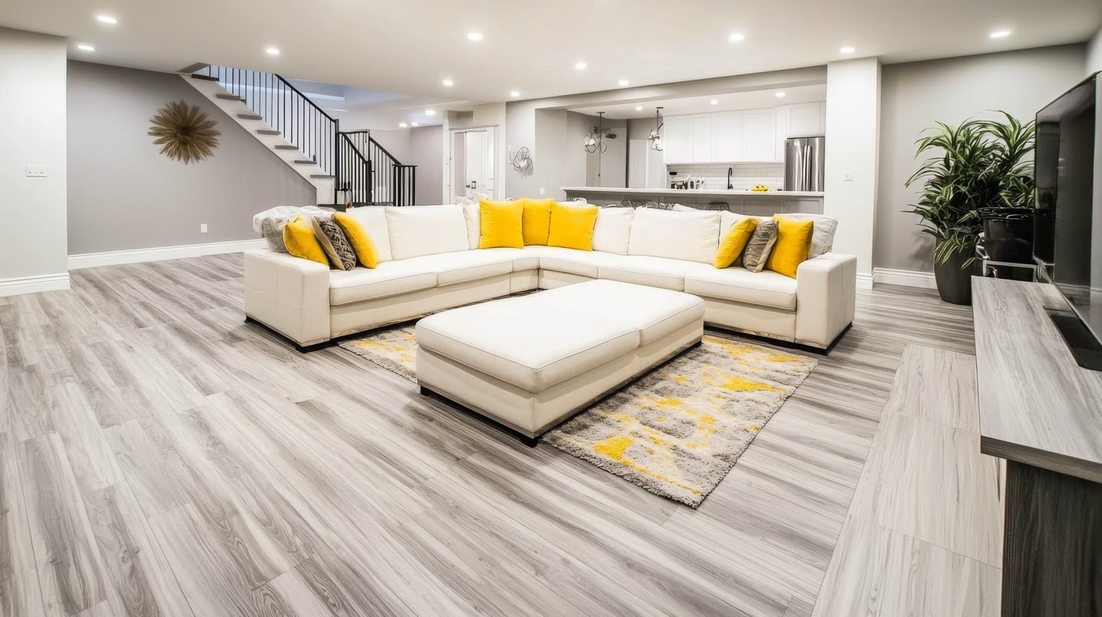 Finished basement family room with sectional, kitchenette, and new flooring