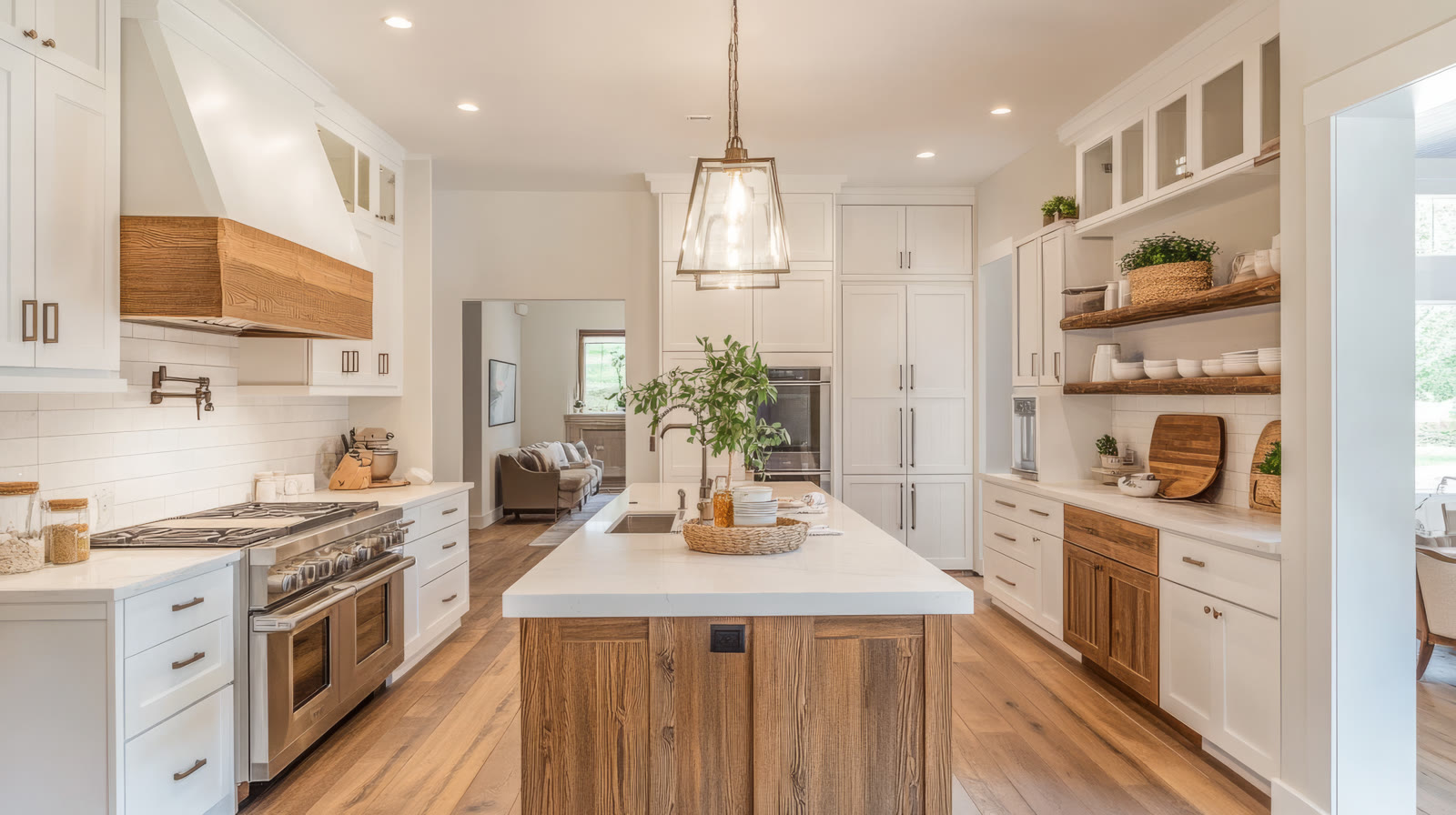 Finished farmhouse kitchen with wood island, white cabinets, and range